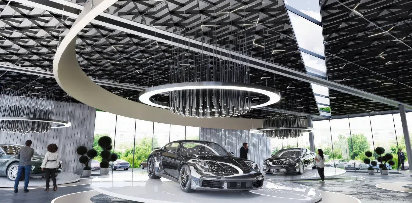 Optimus City metal ceiling at an exhibition center